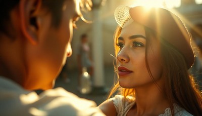 A woman looks at a man in the warm evening sunlight