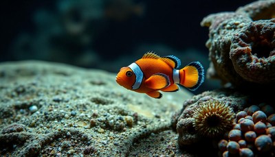 A clownfish swims near coral in an aquarium