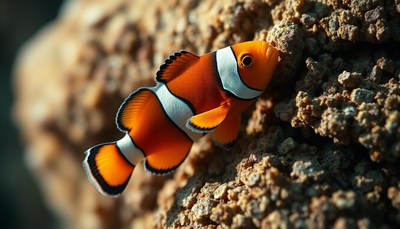 A clownfish swims near coral in the ocean