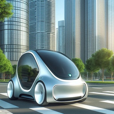 A silver car drives on a city street