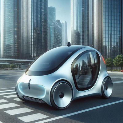 A silver electric car drives through a city
