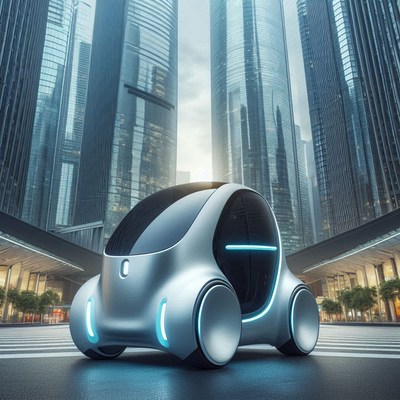 A futuristic car drives through a city