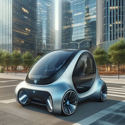 A futuristic car drives on a city street