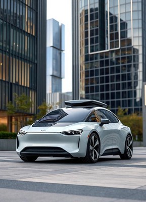 A white electric car is parked on a city street