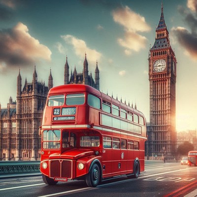 A red double-decker bus drives past big ben in london