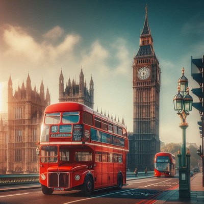 A red double-decker bus drives past big ben in london