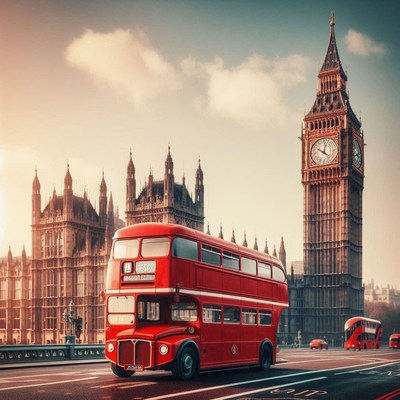 A red double-decker bus drives past big ben in london