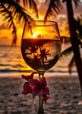 A glass of wine reflects a sunset on the beach