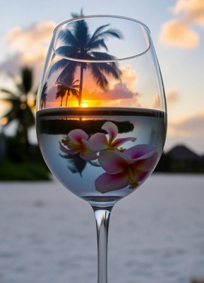 A glass of water reflects a sunset over palm trees