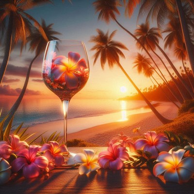 A glass of wine with flowers at sunset on a beach