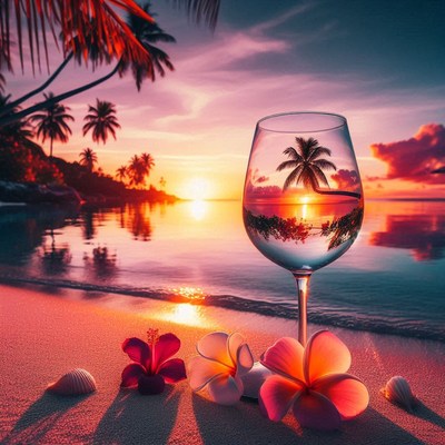 A wine glass reflects the sunset on a tropical beach