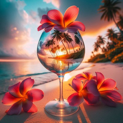 A glass reflects a tropical sunset on the beach