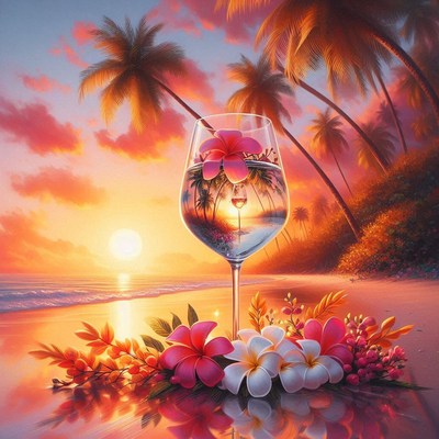 A glass of water sits on a tropical beach at sunset