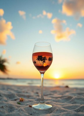 A wine glass reflects palm trees and the sunset on the beach