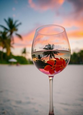 Wine at sunset on the beach, flowers, and palm