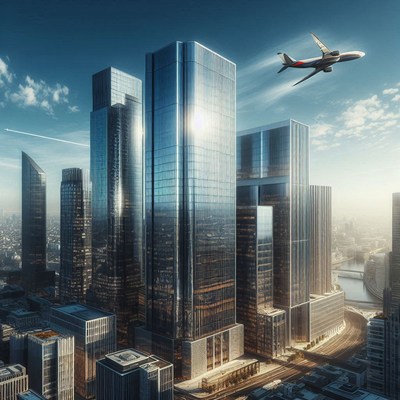 A plane flies over skyscrapers in a modern city