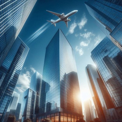 An airplane flies over tall buildings in a city