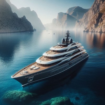 A large yacht sails through a beautiful bay
