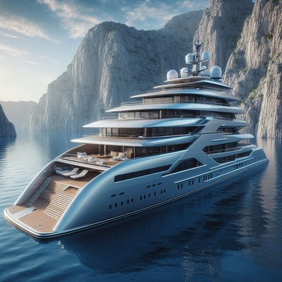 A yacht navigates a narrow passage between cliffs