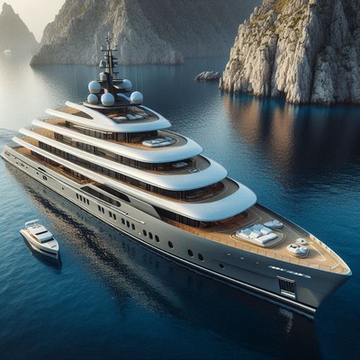 A large yacht is docked near rocky cliffs