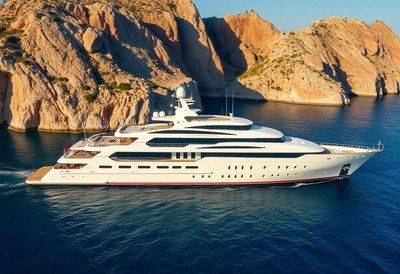 A white yacht sails past rocky cliffs in the afternoon