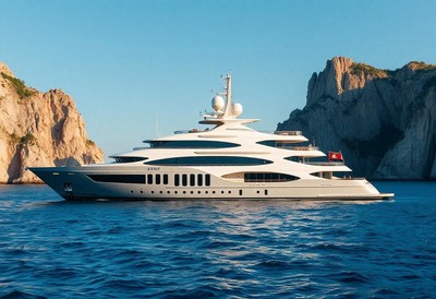 A white yacht sails past cliffs on a sunny day