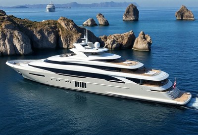 A large yacht sails past rocky islands