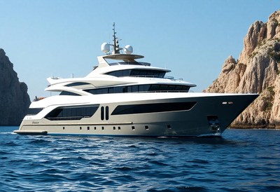 A large yacht sails past rocky cliffs