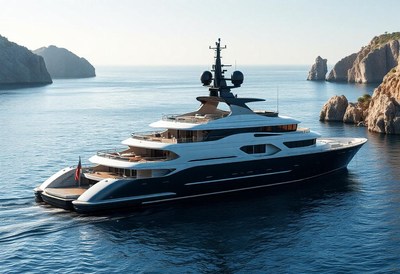 Yacht sails by rocky islands in the med