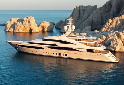 A yacht anchors in the bay by rocky cliffs at sunset