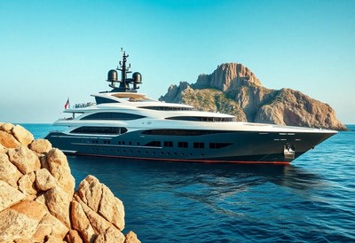 A large yacht is anchored off the coast of a rocky island