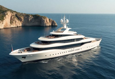 A white yacht sails past a rocky island