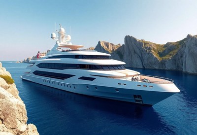 A white yacht sails past cliffs in the mediterranean sea