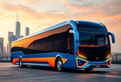 A modern blue bus is parked in the city at sunset