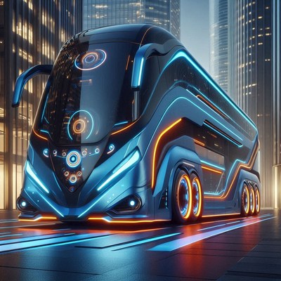 Futuristic bus with blue and orange lights in city