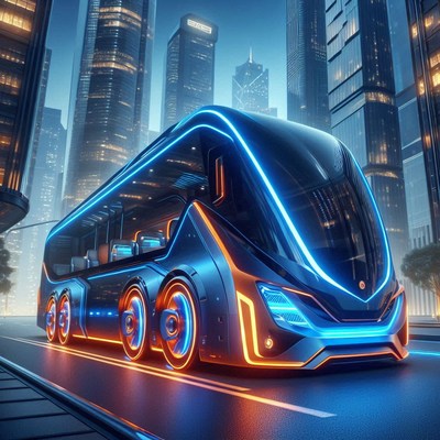 A futuristic bus drives through a city at night
