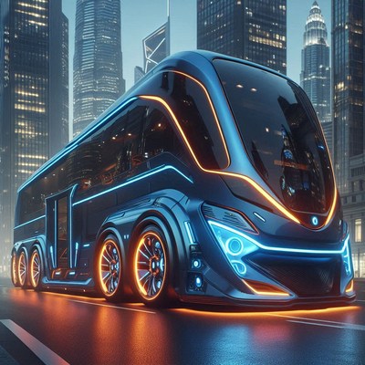 A futuristic bus drives through a city at night