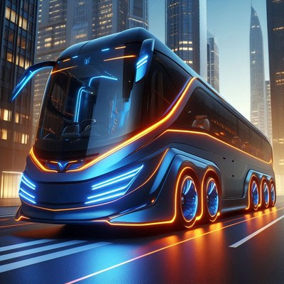 A futuristic bus drives through a city at night