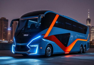A blue double-decker bus is parked in a city at night