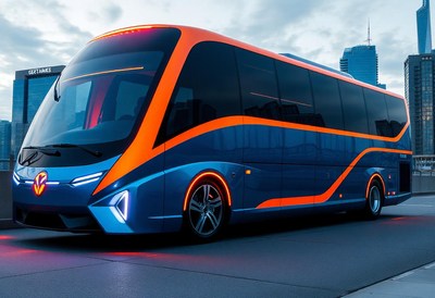 A modern bus is parked in a city setting