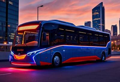 A blue bus is parked in a city at night
