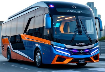 A modern bus is parked on a city street