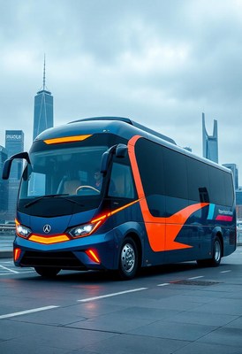 A blue bus with an orange stripe is parked in the city
