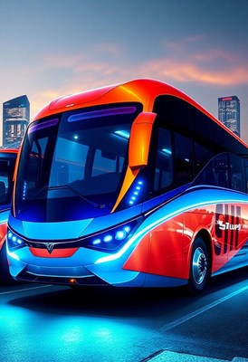 A red and blue bus is parked in the city at dusk