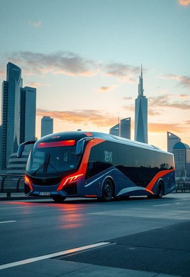 A modern bus drives through the city at sunset