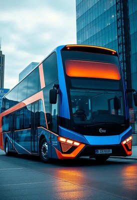 A modern double-decker bus parked in the city