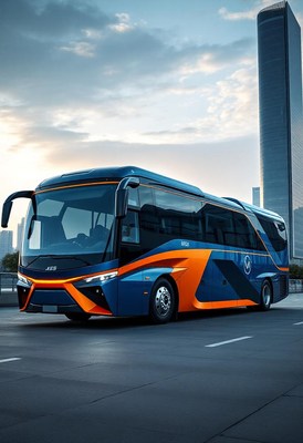 A blue and orange bus drives through the city