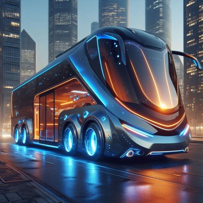 A futuristic bus drives through a city at night