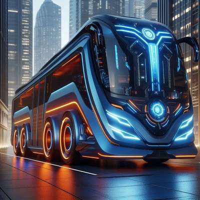 A futuristic bus drives through a city