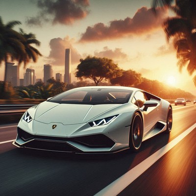 A white sports car drives down a city street at sunset